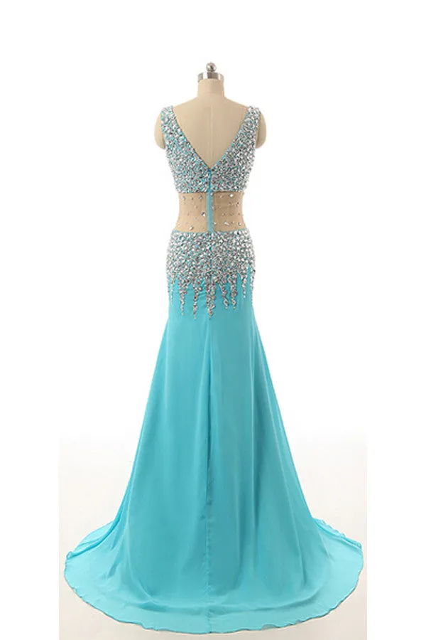 V-neck Light Sky Blue Beaded Long Prom Evening Dress K14