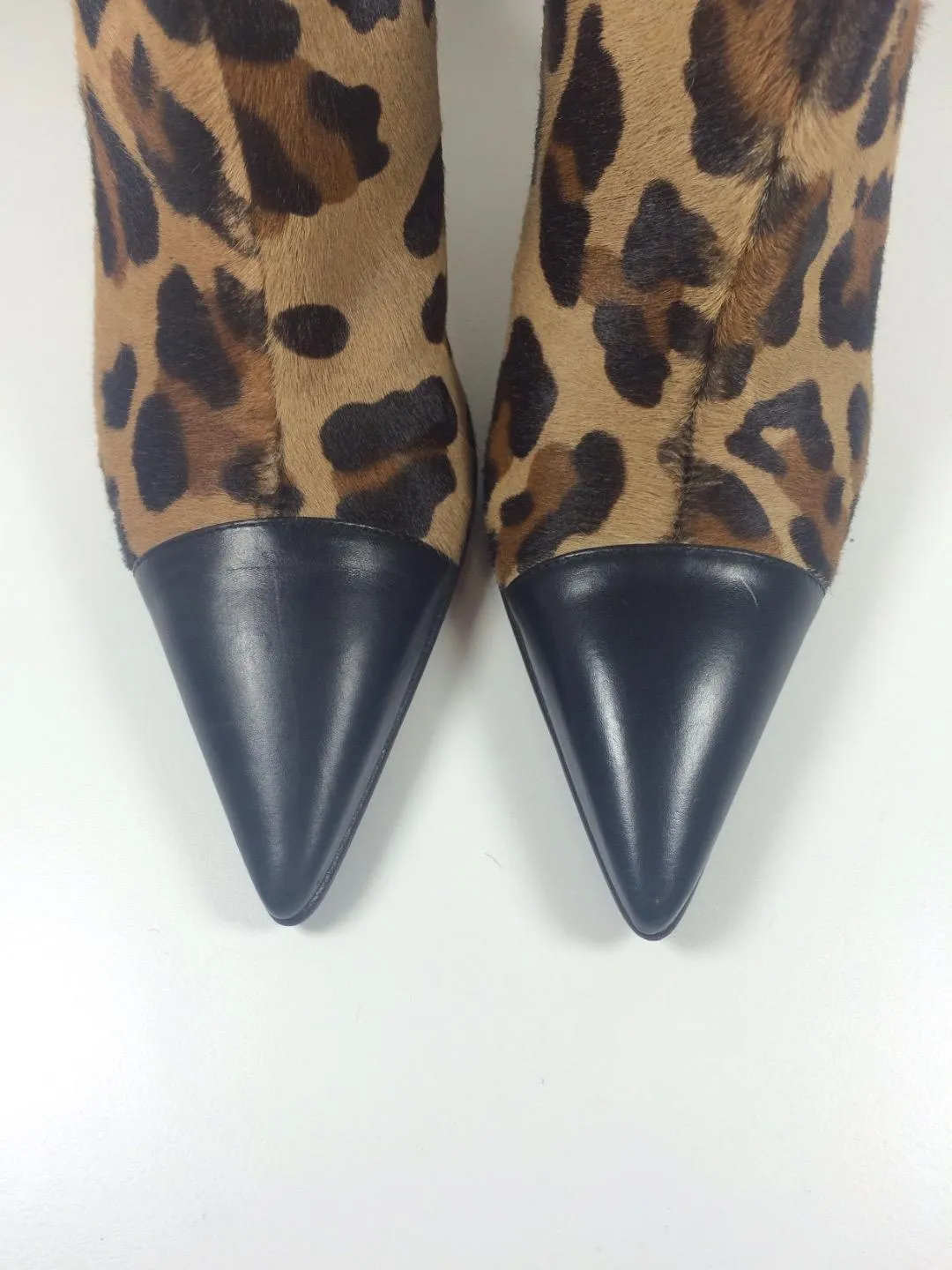 VIA SPIGA Black Leather and Calf Hair with Leopard Print Design Ankle Boots Size 5 1/2