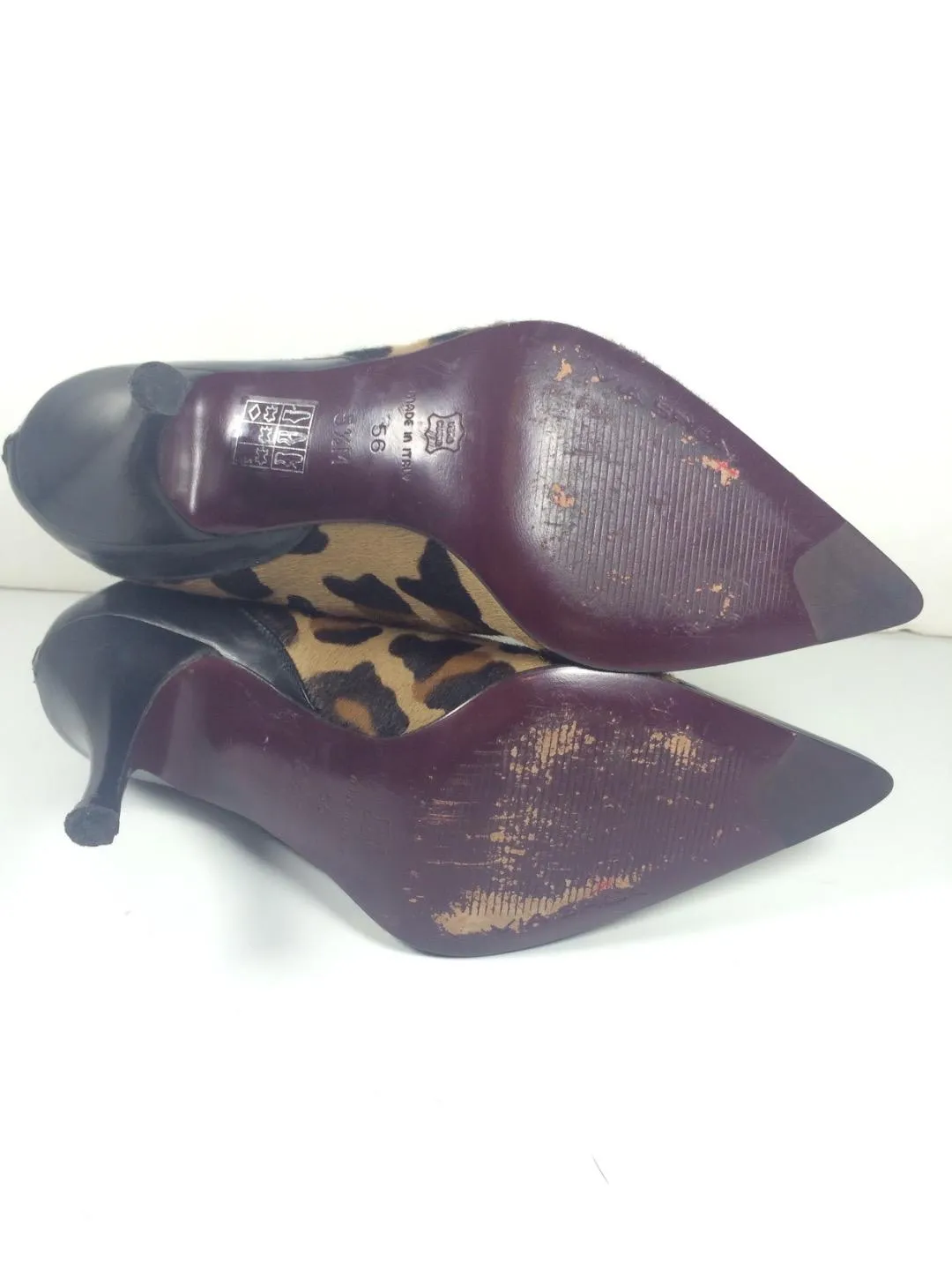 VIA SPIGA Black Leather and Calf Hair with Leopard Print Design Ankle Boots Size 5 1/2