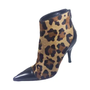 VIA SPIGA Black Leather and Calf Hair with Leopard Print Design Ankle Boots Size 5 1/2
