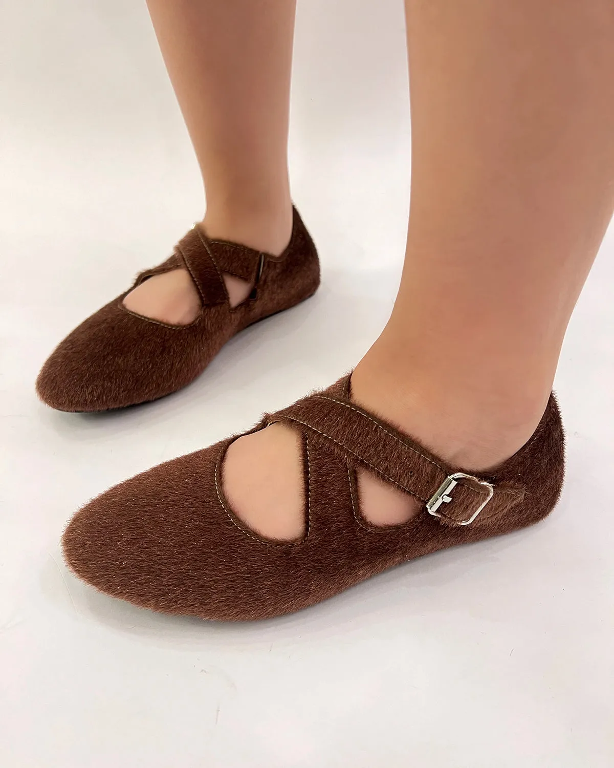 Women faux pony hair flat ballet shoes