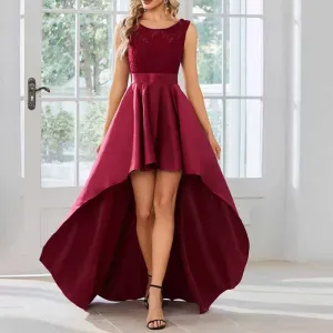 Women Lace and Satin Bridesmaid Dress High-Low A Line Wedding Guest Dress