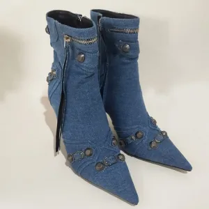 Women Rivets Denim Short Ankle Boots