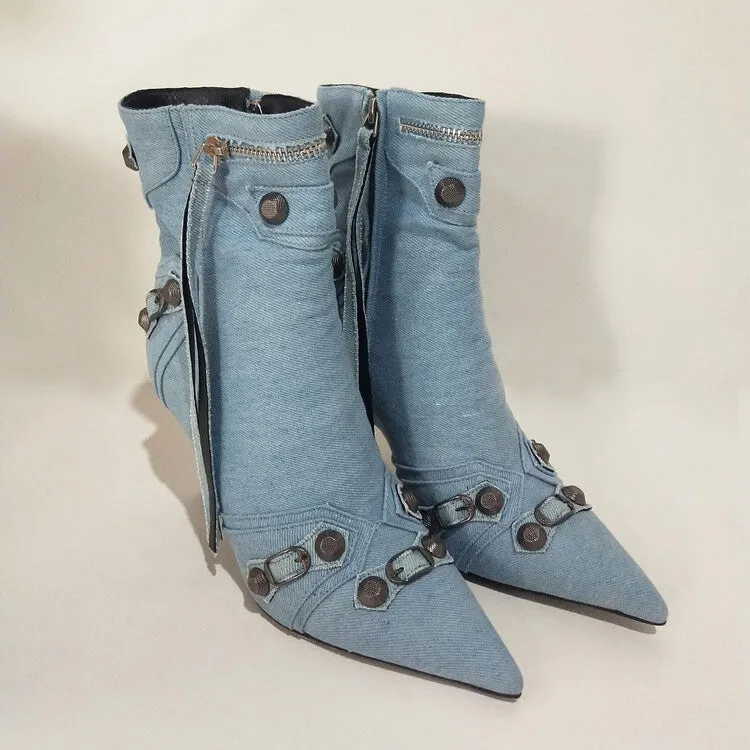 Women Rivets Denim Short Ankle Boots