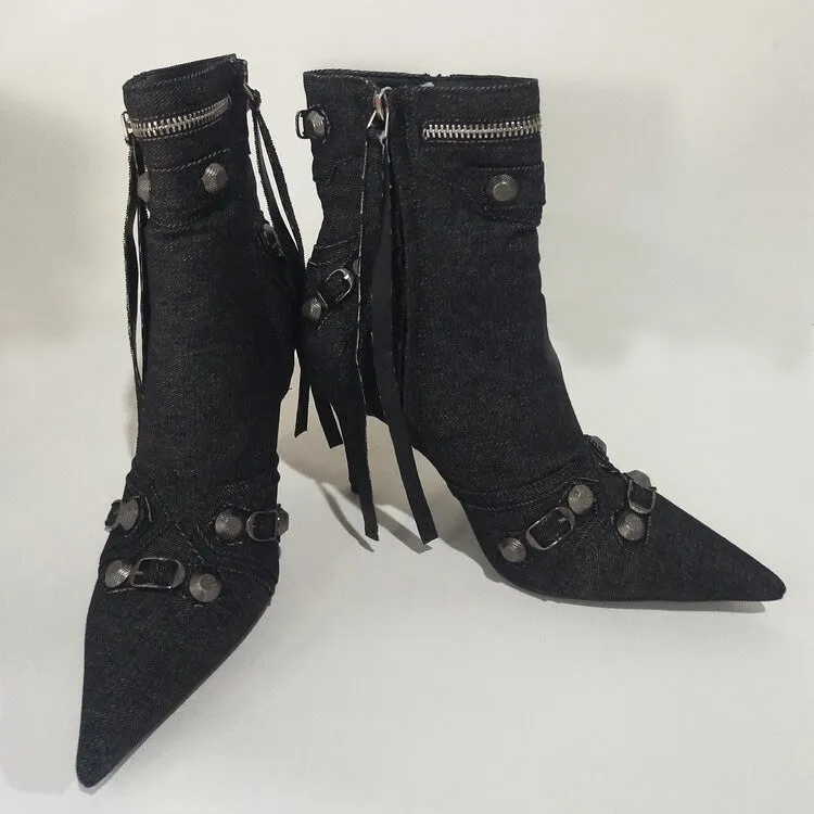 Women Rivets Denim Short Ankle Boots