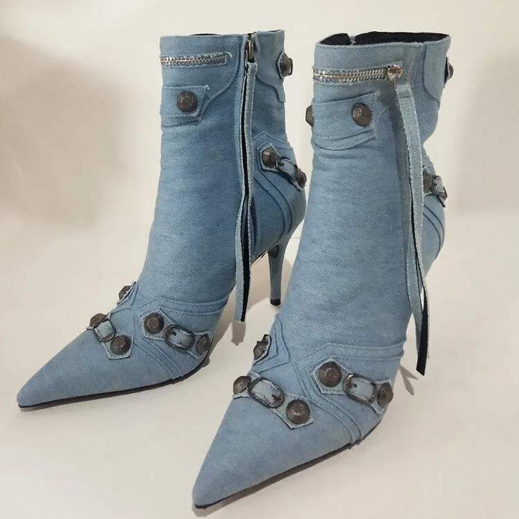 Women Rivets Denim Short Ankle Boots