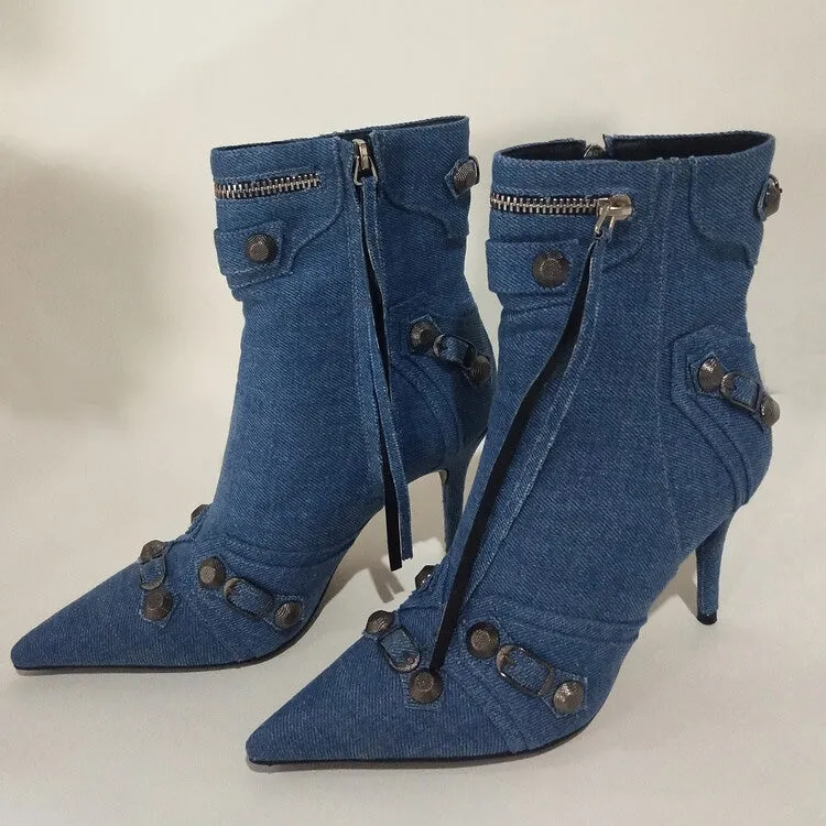 Women Rivets Denim Short Ankle Boots