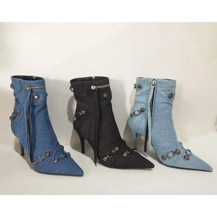 Women Rivets Denim Short Ankle Boots