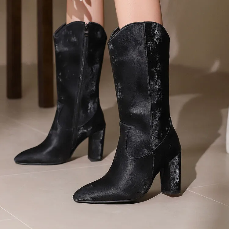 Women's Camouflage Pointed Toe Block Heel Mid-Calf Western Boots