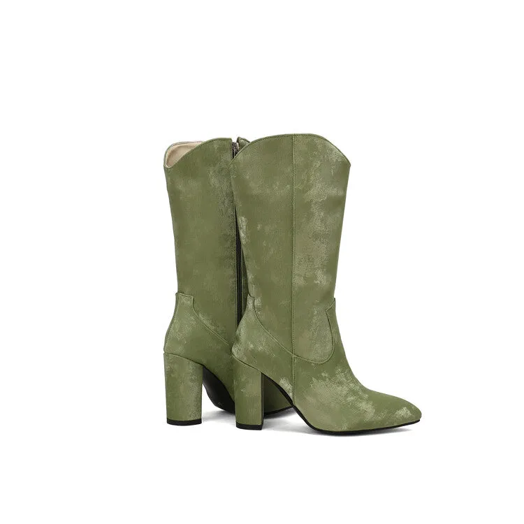 Women's Camouflage Pointed Toe Block Heel Mid-Calf Western Boots