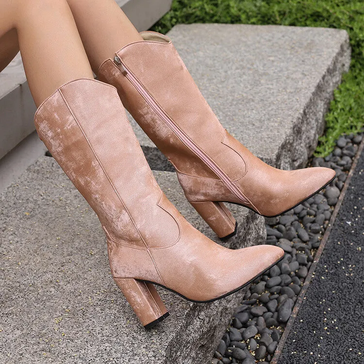 Women's Camouflage Pointed Toe Block Heel Mid-Calf Western Boots