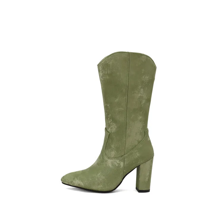 Women's Camouflage Pointed Toe Block Heel Mid-Calf Western Boots