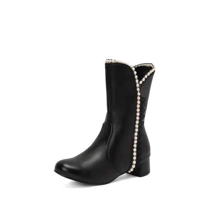 Women's Lace Beads Round Toe Block Heel Mid Calf Boots
