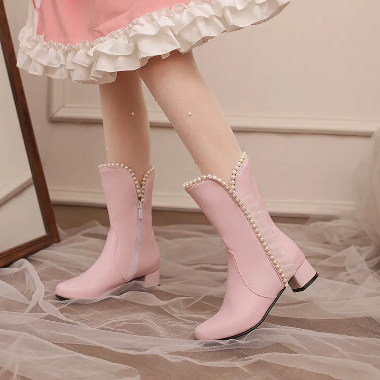 Women's Lace Beads Round Toe Block Heel Mid Calf Boots