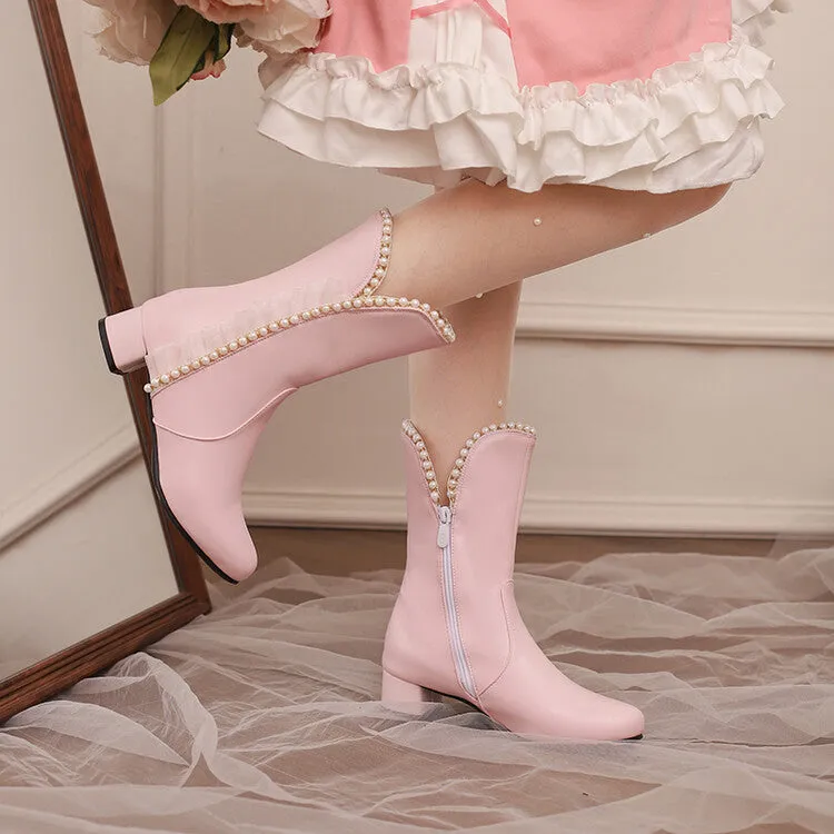 Women's Lace Beads Round Toe Block Heel Mid Calf Boots