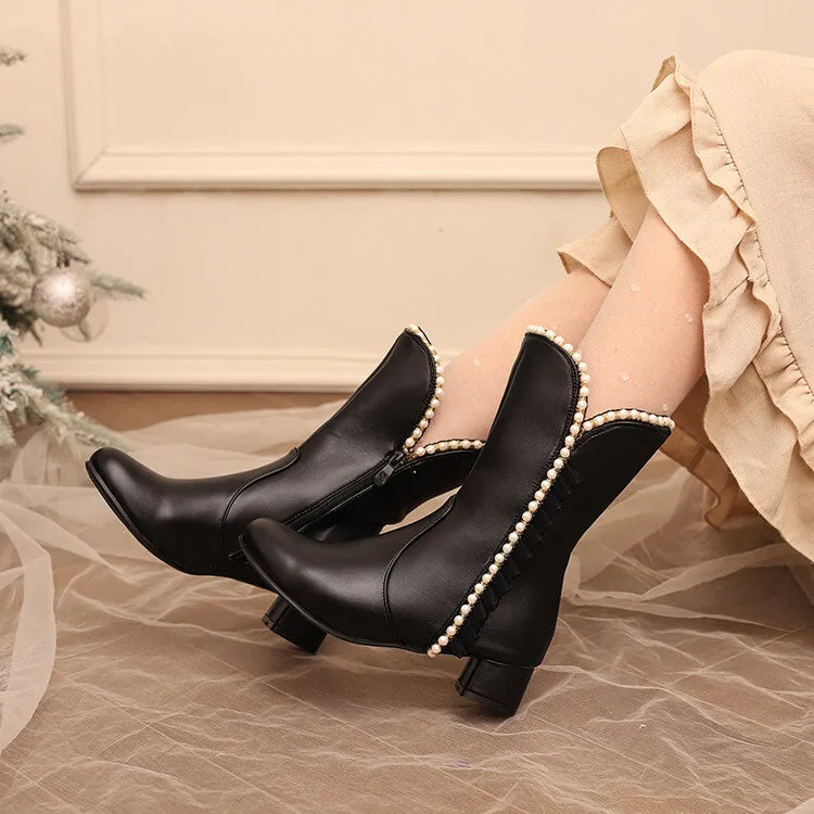 Women's Lace Beads Round Toe Block Heel Mid Calf Boots