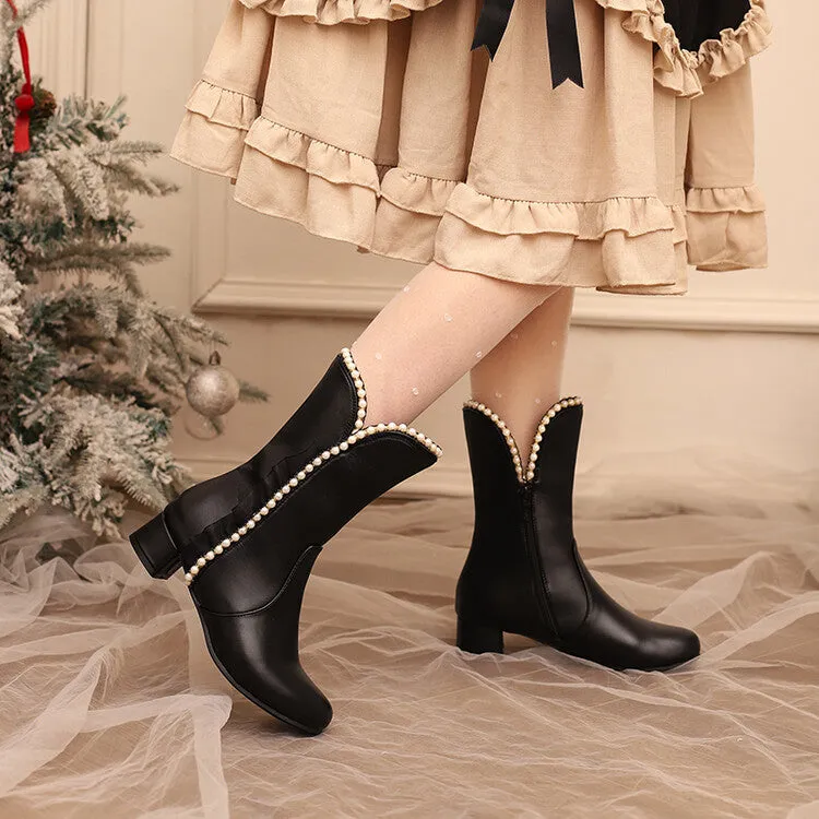 Women's Lace Beads Round Toe Block Heel Mid Calf Boots