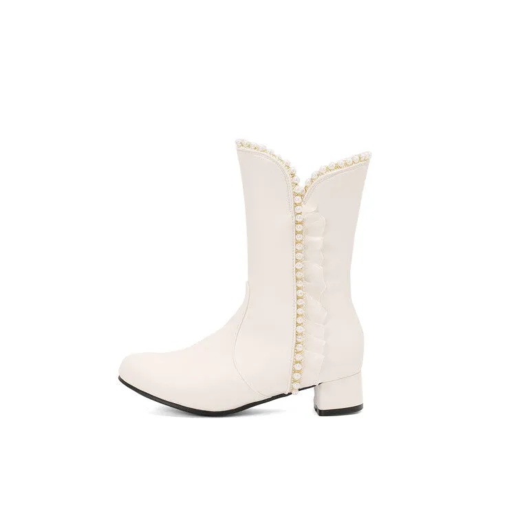Women's Lace Beads Round Toe Block Heel Mid Calf Boots