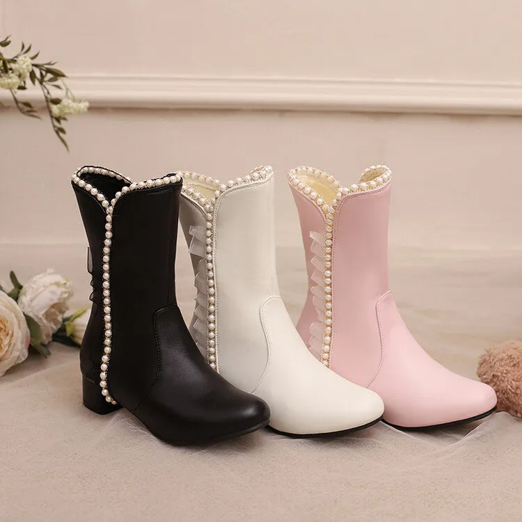 Women's Lace Beads Round Toe Block Heel Mid Calf Boots