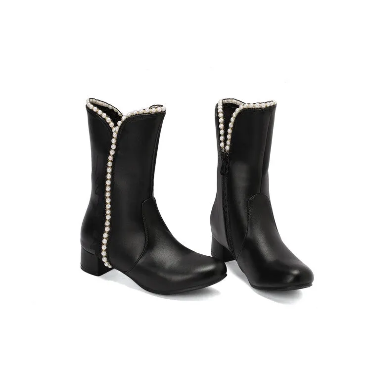 Women's Lace Beads Round Toe Block Heel Mid Calf Boots