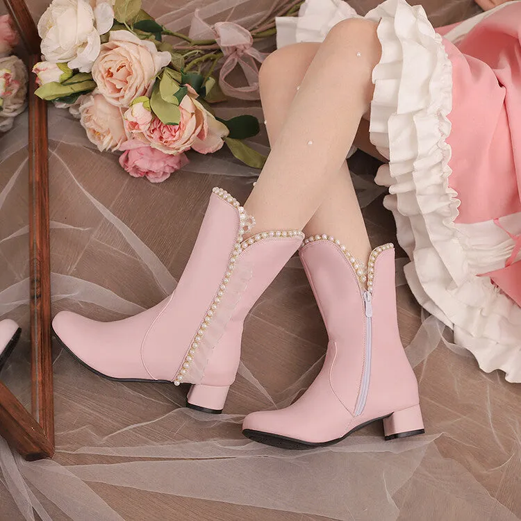 Women's Lace Beads Round Toe Block Heel Mid Calf Boots