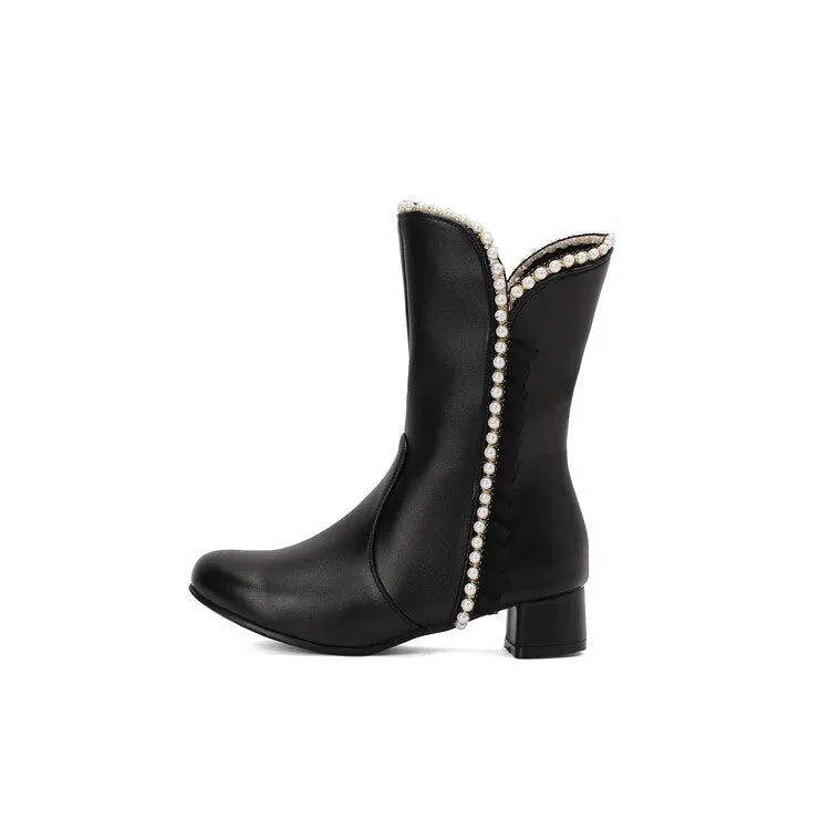 Women's Lace Beads Round Toe Block Heel Mid Calf Boots