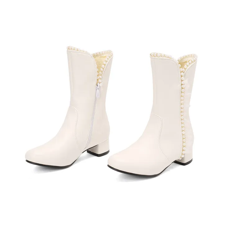 Women's Lace Beads Round Toe Block Heel Mid Calf Boots
