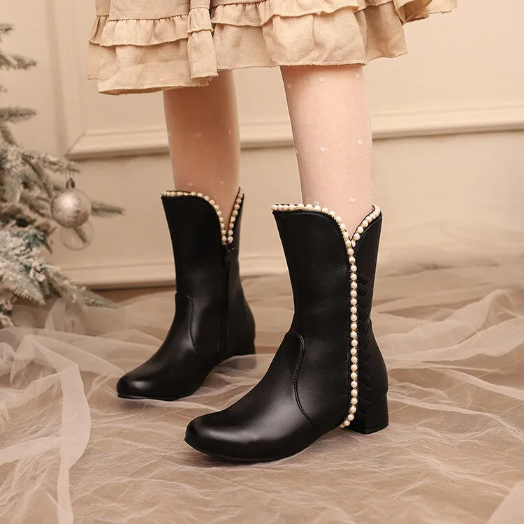 Women's Lace Beads Round Toe Block Heel Mid Calf Boots
