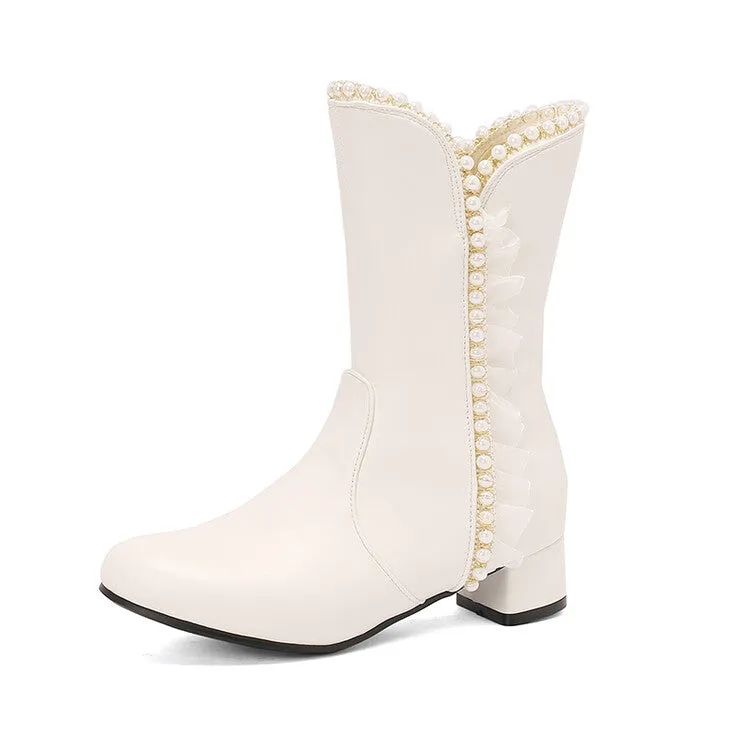 Women's Lace Beads Round Toe Block Heel Mid Calf Boots