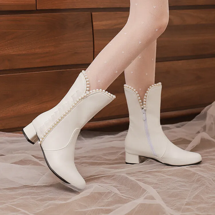 Women's Lace Beads Round Toe Block Heel Mid Calf Boots