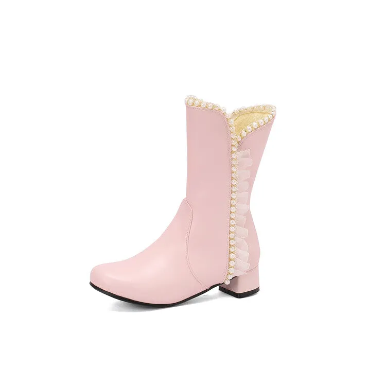 Women's Lace Beads Round Toe Block Heel Mid Calf Boots