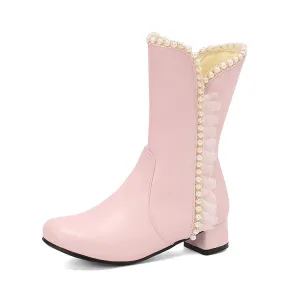 Women's Lace Beads Round Toe Block Heel Mid Calf Boots