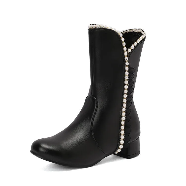 Women's Lace Beads Round Toe Block Heel Mid Calf Boots