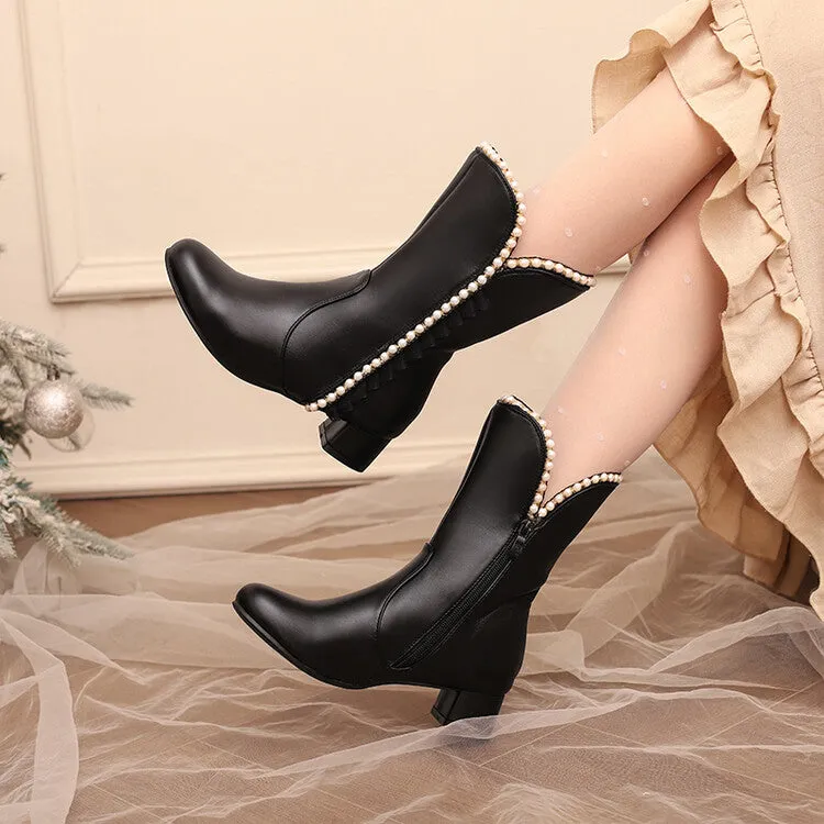 Women's Lace Beads Round Toe Block Heel Mid Calf Boots